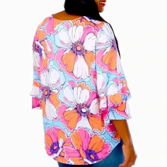 RUBY RD Pink Tropical Floral Blouse 3/4 Flutter Sleeve Size Small Top New - Picture 2 of 13